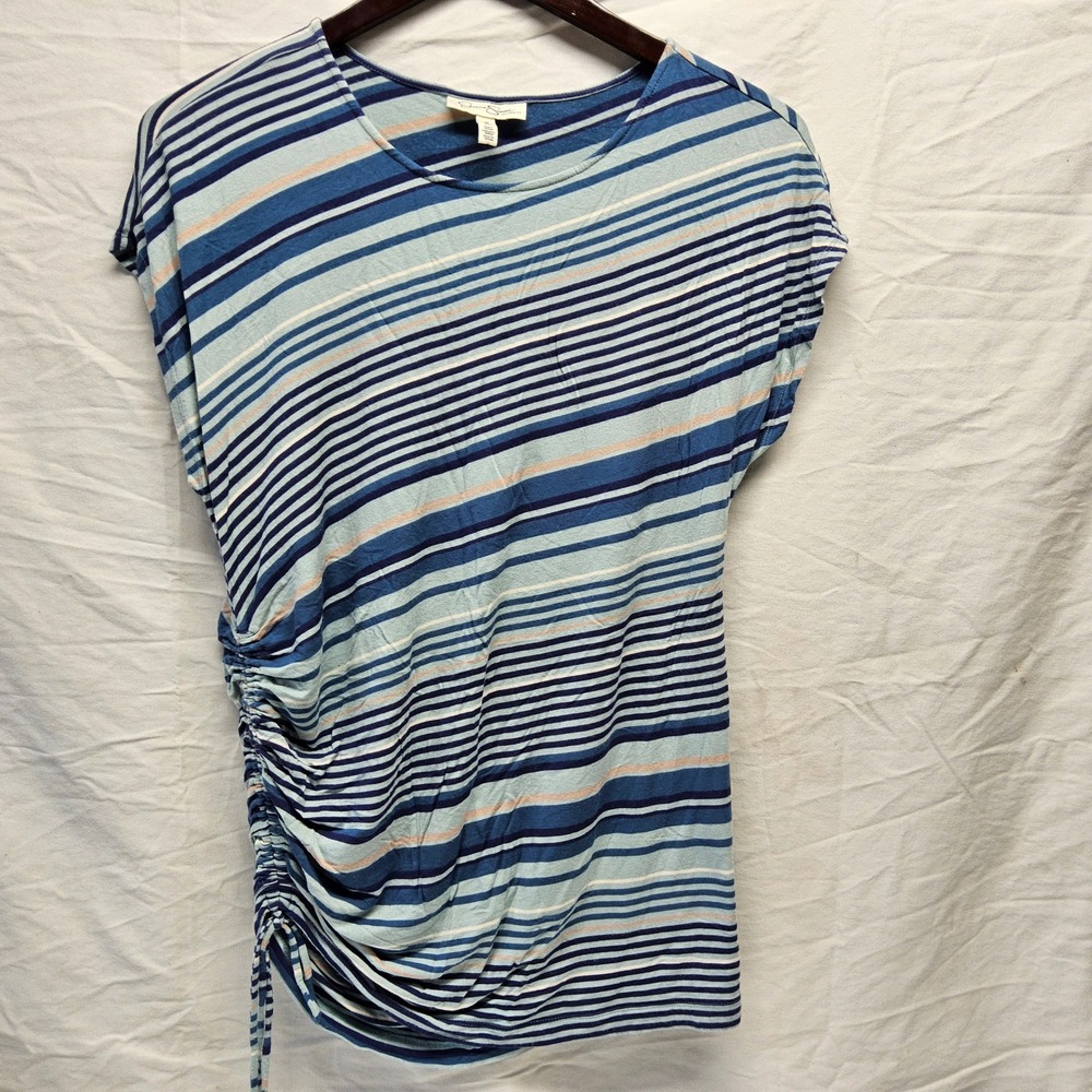 Jessica Simpson Maternity Top 1X Blue Striped Ruched Side Drawstring‎ Cap Sleeve